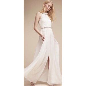 Hitherto Anthropologie‎ Womens Size 2 Ivory Silk Ruffled Long Formal Dress Gown